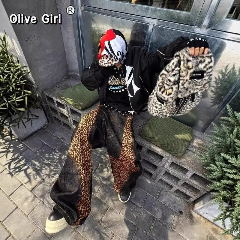 بنطلون جينز فضفاض للفتيات الزيتونية بنطلون جينز أمريكي غير رسمي فضفاض بطبعة الفهد من قماش الدنيم Harajuku ملابس الشارع الشهير للرجال والنساء #5