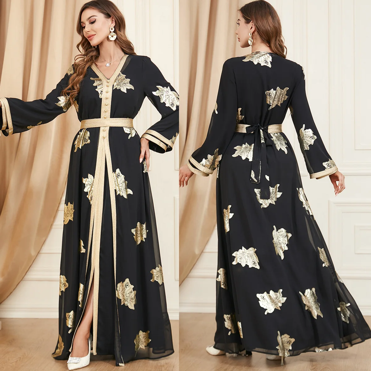 Ramadan Abaya for Women Printed Long Sleeve Moroccan Kaftan 2 Piece Dubai Gulf Jalabiya Muslim Sets Arabic Evening Dresses Black