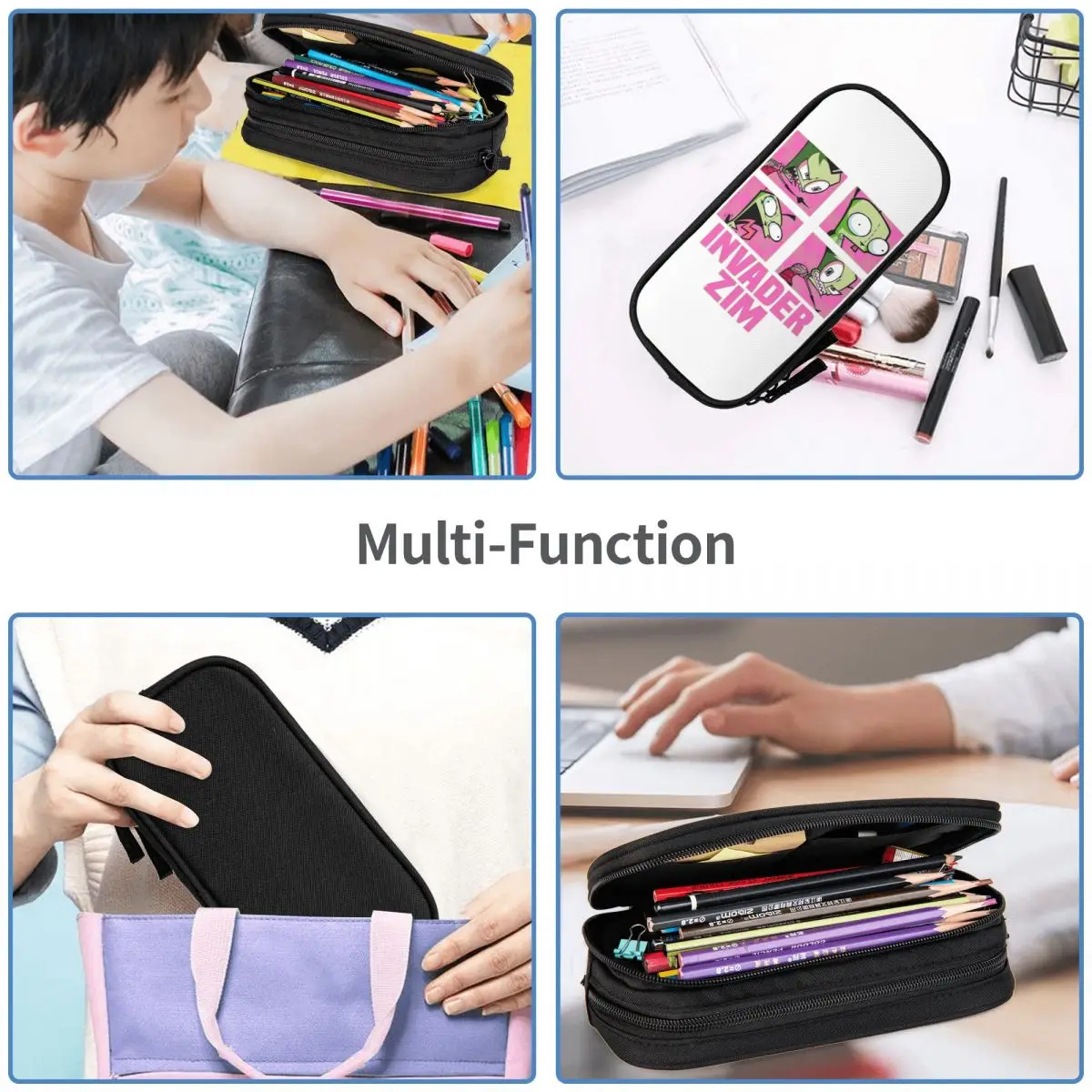 Imagem -05 - Invaders Zims Black Anime Cartoon Pencil Case Dupla Camada Grande Capacidade Material Escolar Infantil Bolsa Presente Surpresa