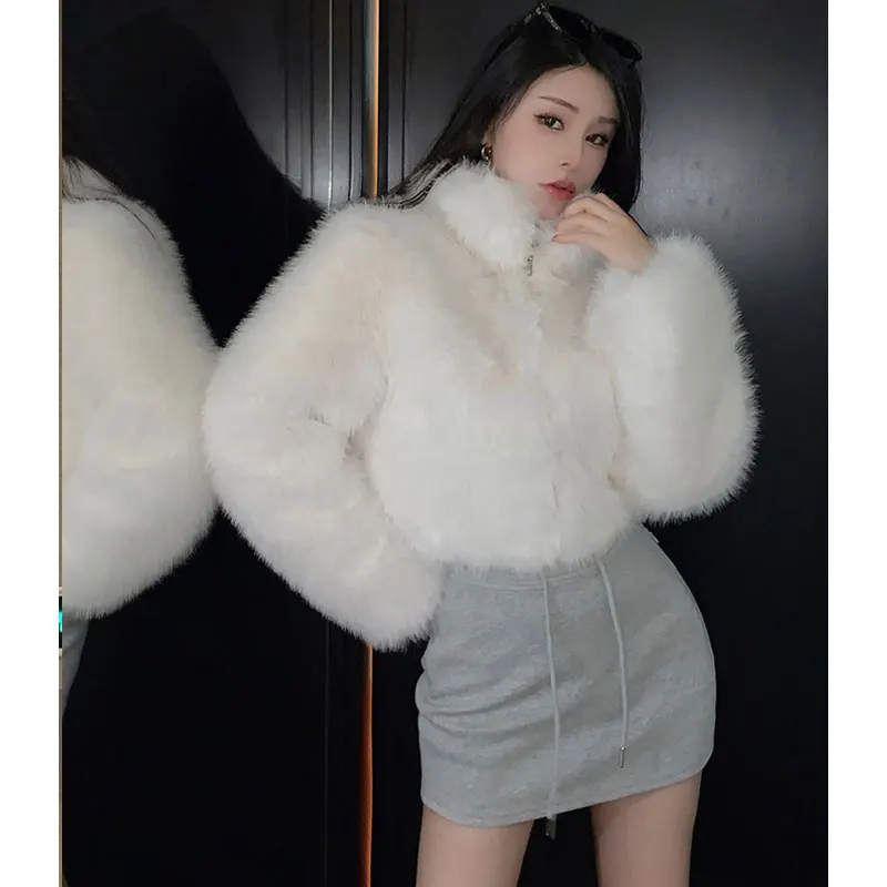 Korean Faux Fur Jackets  Autumn Winter Luxury Stand Collar Faux Mink Fur Party Club Zipper Coat Vintage Solid Furry Outerwear