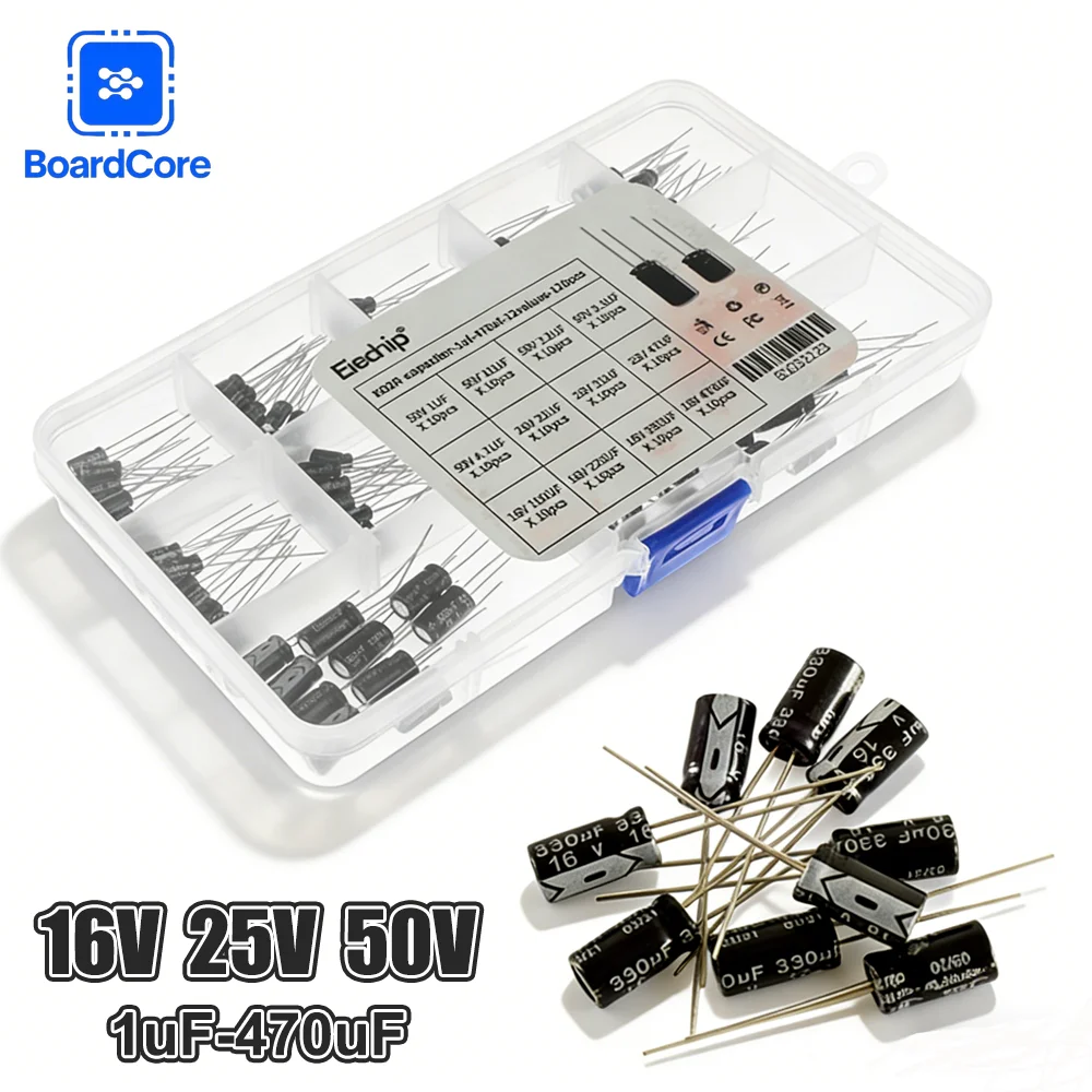 120pcs Aluminum Electrolytic Capacitor Kit 12 Values 1uF-470uF (16V/25V/50V) DIP Electrolyte Capacitors for DIY Electronics