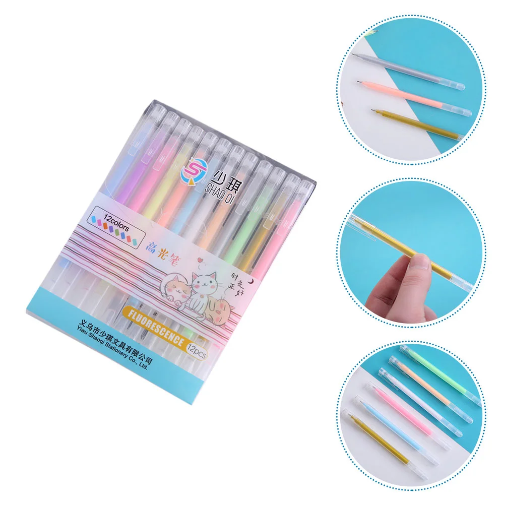 12 Pcs Erasable Gel Pens Press Plastic Fluorescent Fine Tip Colorful Highlighter Mark Student Supplies