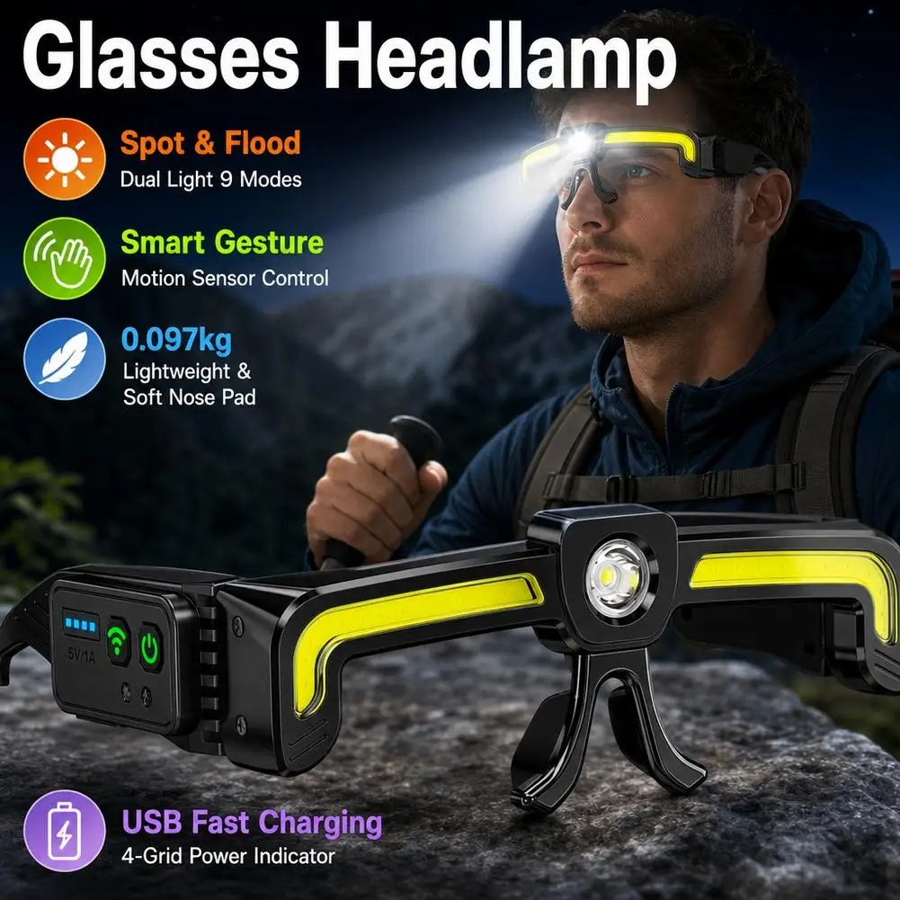 Dual Beam LED Glasses Work Light, Bright Spotlight Floodlight Headlamp, Comfortable Wear for Car Repair & Workshop Maintenance
