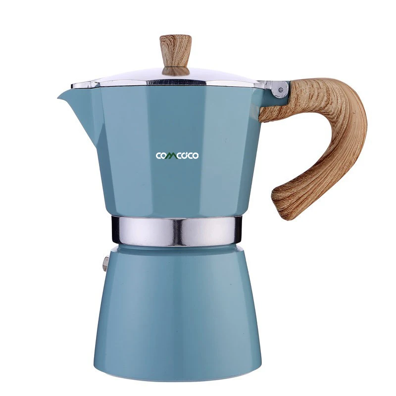 

Customize Multi-Color Fashion New Style Lightweight ABS Wood Grain Handle Coffee Maker Aluminum Moka Pot