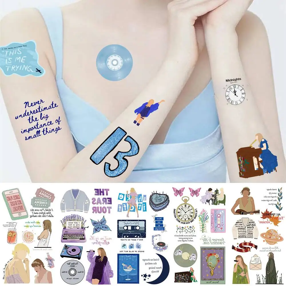 taylorswift themed temporary tattoo stickers the eras tour inspired designs with number 13 midnights clock vinyl record patterns