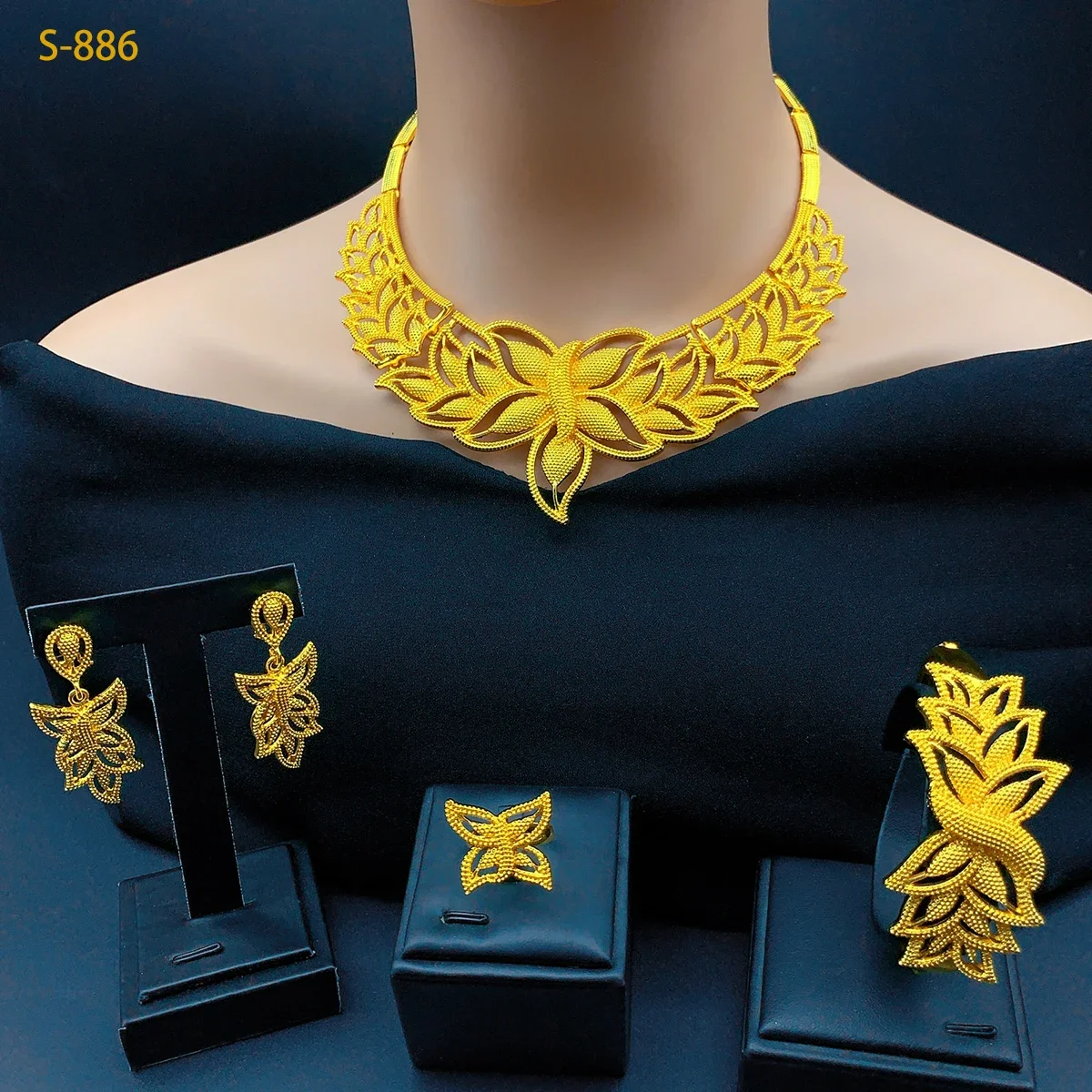 

African Butterfly Necklace Bracelet Earrings Rings For Women Dubai Gold Color Nigerian Wedding Jewelry Bridal Jewellery Sets