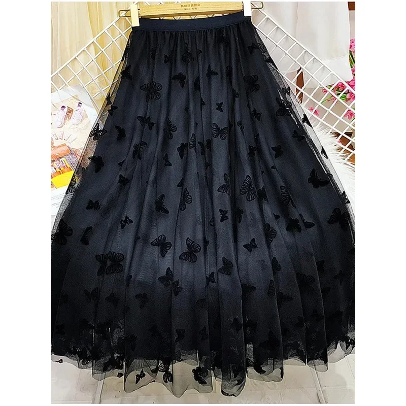 กระโปรงยาวผ้าทูลล์รูปผีเสื้อสำหรับผู้หญิงกระโปรงตาข่ายคลุมเข่าเอวสูงสีดำแบบลำลอง