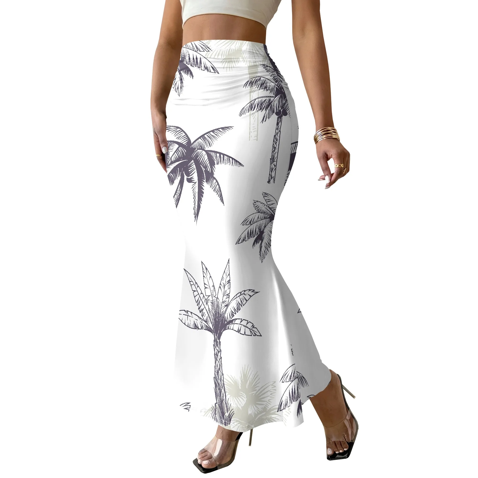 Palm Tree Print Mermaid Skirt, Tropical Leaf Pattern Maxi Dress Bottom, Beach Vacation Wear, S-2XL