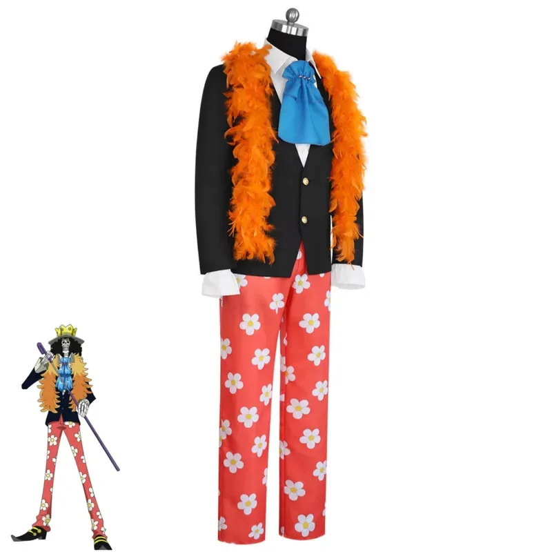 Anime Burukku Brook Cosplay Costume -Revive Fruit Black Evening Dress Coat Scarf Wig Adult Man Carnival Halloween Suitx;8's,6;