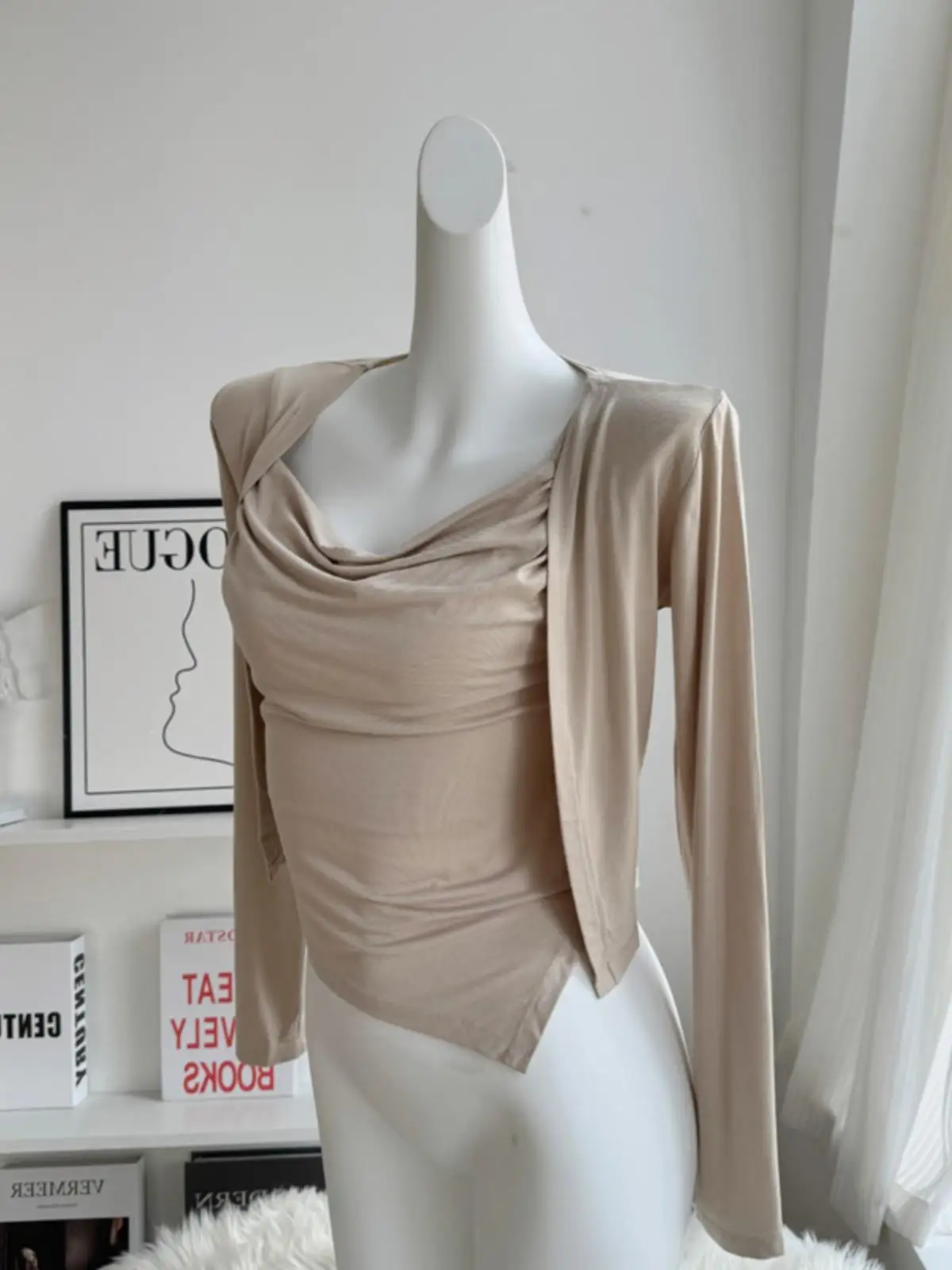 Romantic Atmosphere Long Sleeve Wrap Hem Crop Top And Cardigan Thin Fashionable Sunscreen Set Women's T-shirt Daily Style V-neck