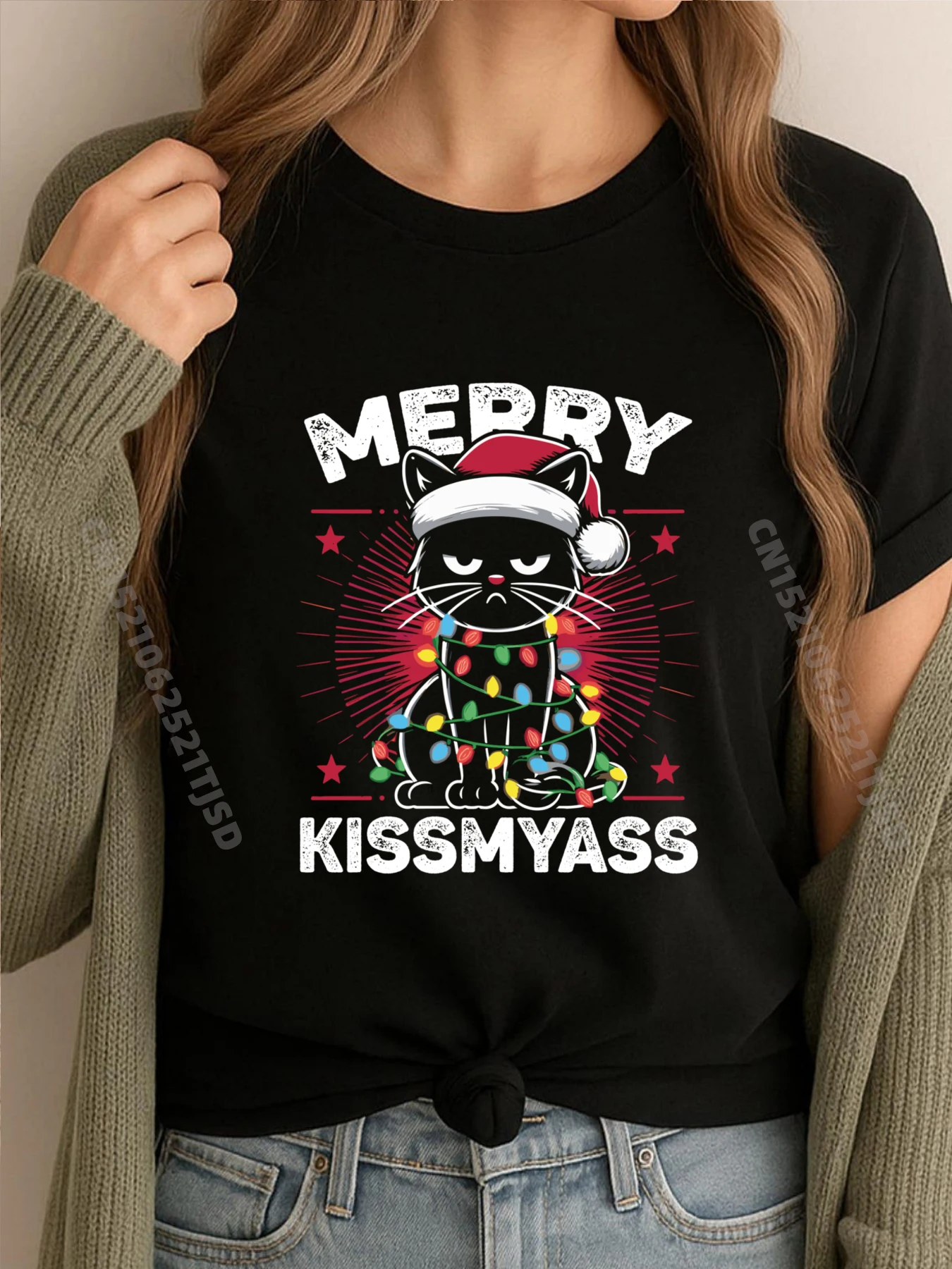 

Merry Kissmyass Cat Рождественские огни Рождественский кот Мужская одежда Плюс Размер Новый год День Святого Патрика