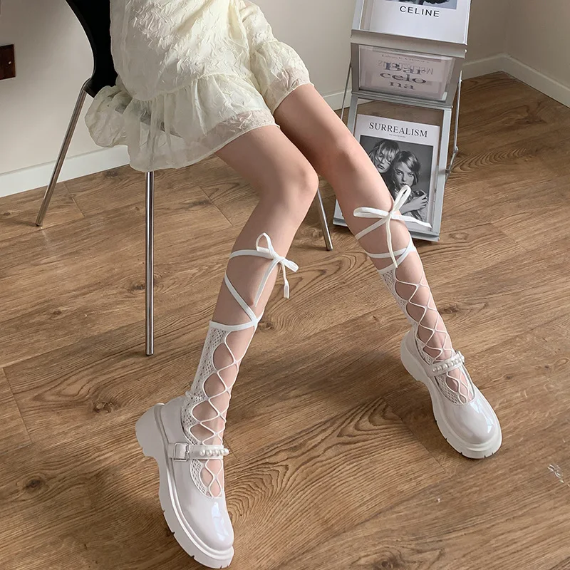 

Japanese Lolita Kawaii Mid-Calf Socks - Summer Lightweight Cross Lace-up & Openwork JK Schoolgirl