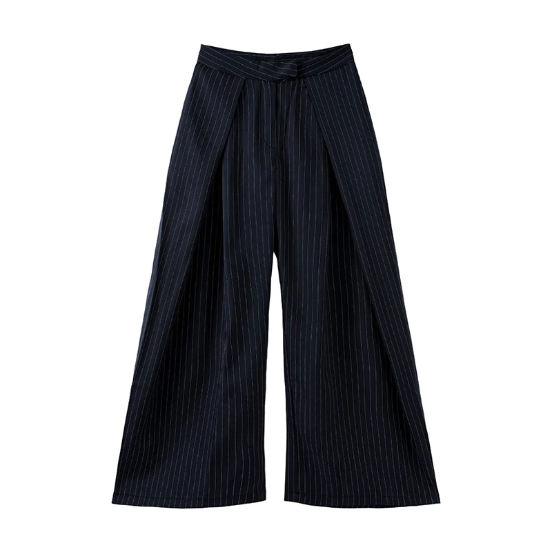 Pantalon Long plissé à rayures pour femme, élégant, ample, taille haute, poches zippées, bas de trajet, automne 2025