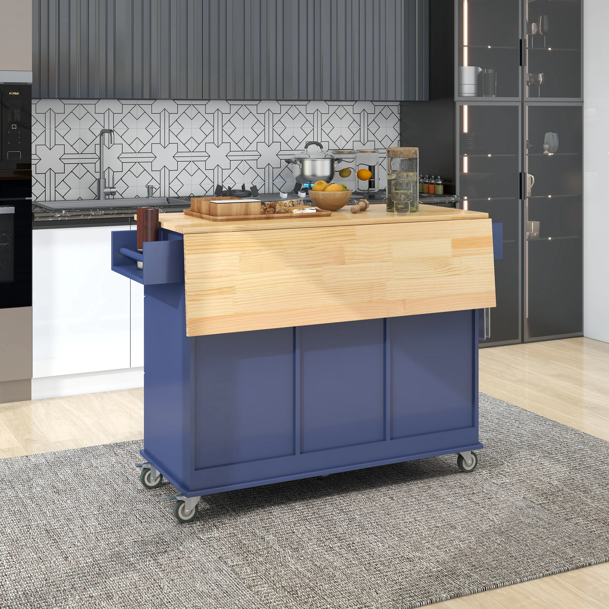 Rolling Mobile Kitchen Island with Solid Wood Top and Locking Wheels,52.7 Inch Width,Storage Cabinet and Drop Leaf Breakfast Bar