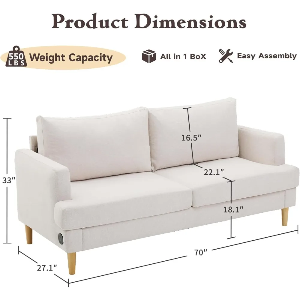 أريكة أريكة بمقعدين لغرفة المعيشة مع منافذ USB من النوع C - أرائك صغيرة منجدة باللون البيج مقاس 70 بوصة لغرفة النوم أو المكتب أو الشقة #2