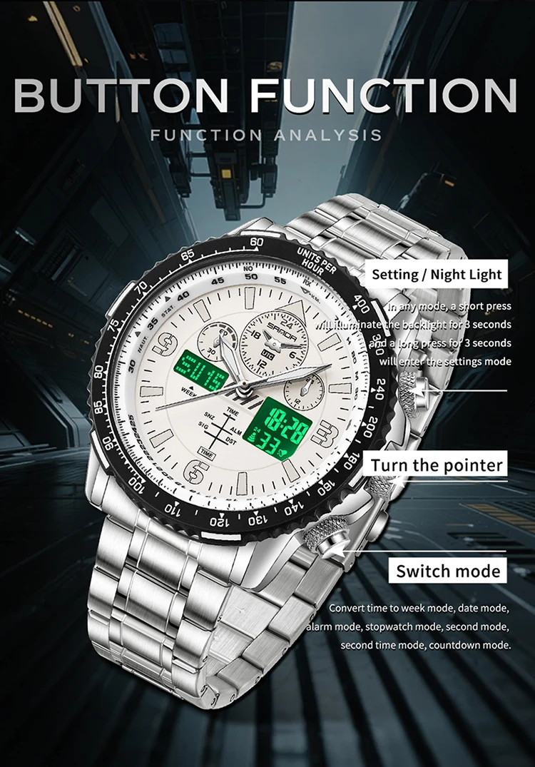 SANDA Neue Business-Quarzuhren für Herren, modisches Edelstahlband, Datum, multifunktionaler Chronograph, 5 Bar, wasserdichte Uhr – Detail 12
