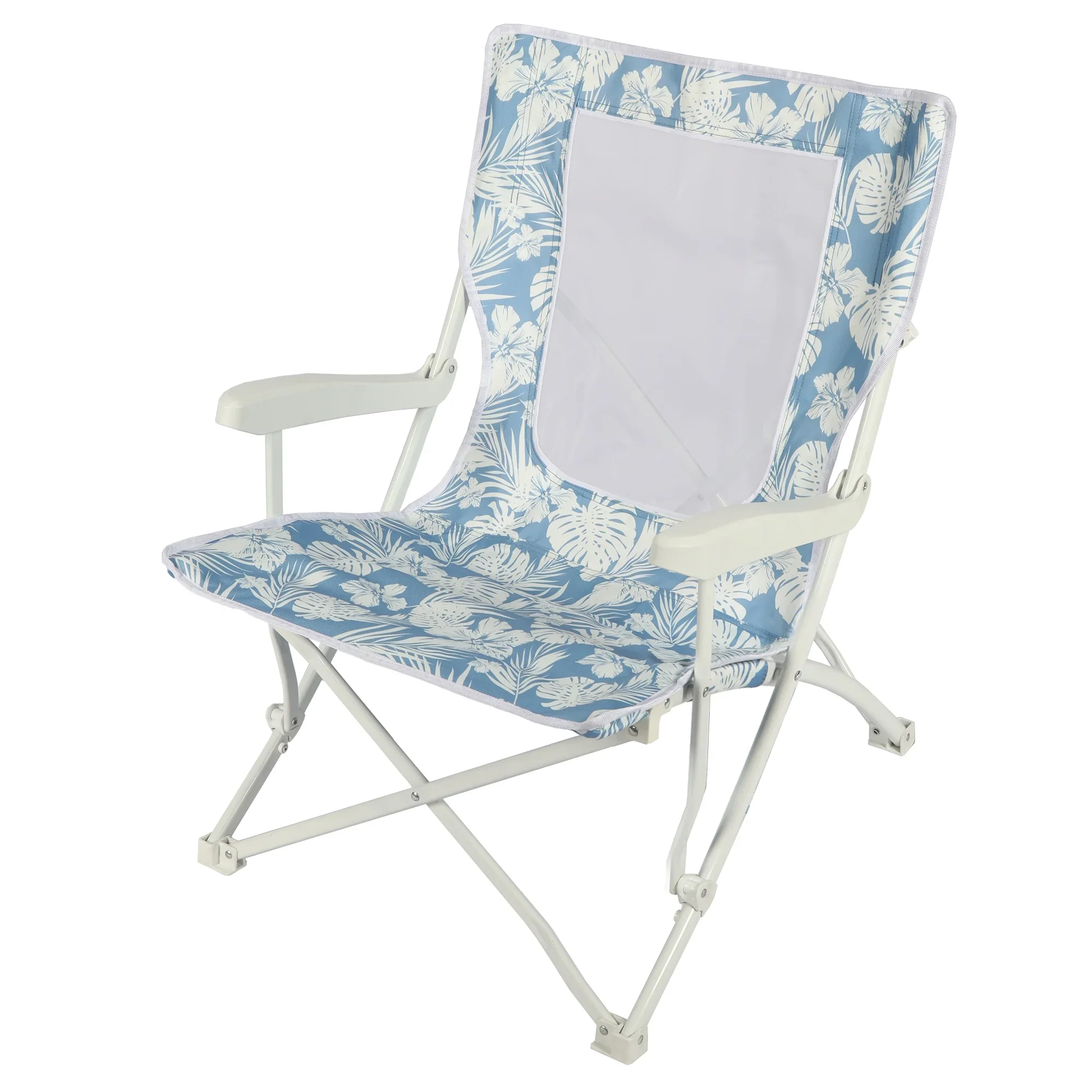 

Beach Hard Arm Mesh Chair with Palm Print, Blue, Portable and Lightweight Outdoor Folding Chair, Durable Frame, Comfortable Mesh Seat, Easy to Carry and Store, Ideal for Beach, Pool, Picnic, Camping, Travel, Relaxing Sun Lounger for Adults and Teens
