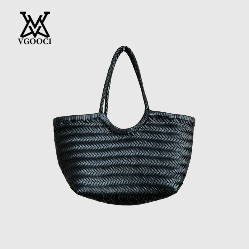 VGOOCI 여성용 빈티지 핸드 니트 디자이너 스플릿 가죽 대형 숄더 백 우아한 핸들 여성 토트 럭셔리 브랜드 핸드백