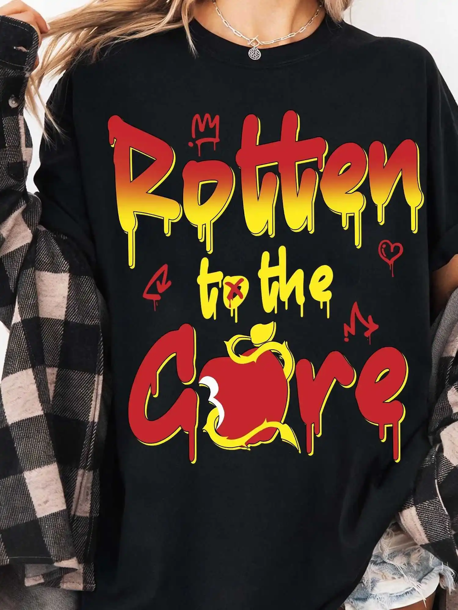 

1pc Disney Descendants Women'S T-Shirt - Rotten To The Core Graphic Tee in Black with Red & Yellow Lettering - Soft Fabric
