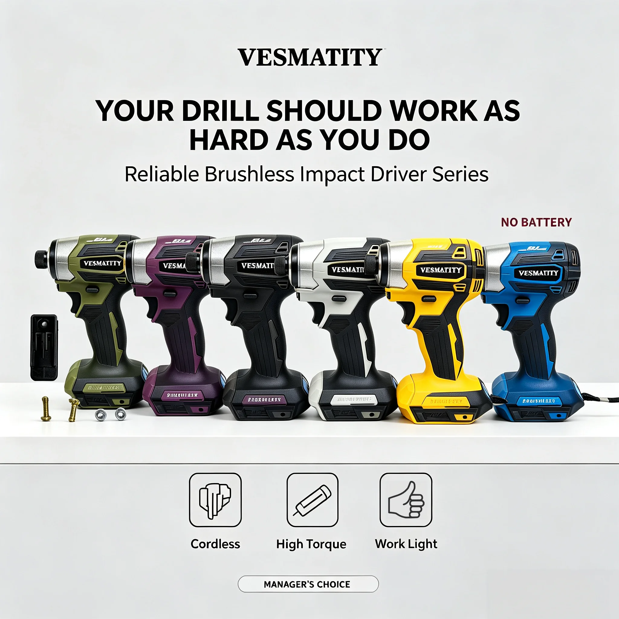 1800RPM Wood Bolt T-Mode Electric Drill for 18V-20V Battery Heavy Duty VESMATITY DTD173 Cordless Impact Driver Brushless 180N.m
