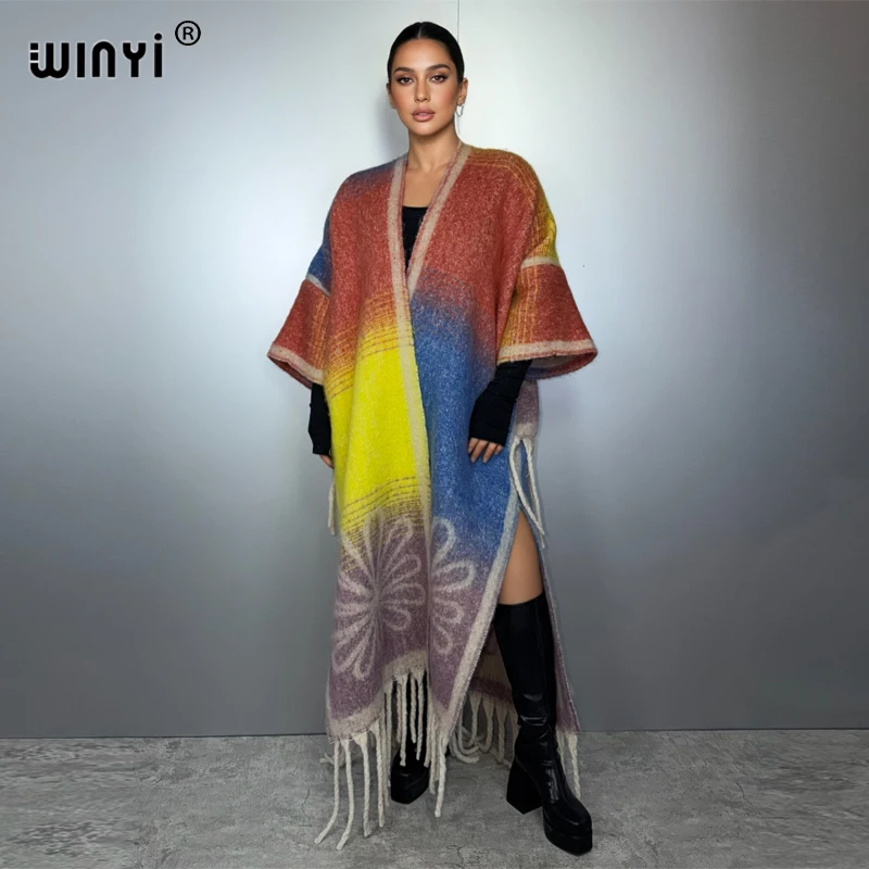 

WINYI winter catwalk coat for women fashion print tassel Luxury Long Fur Loose OverCoat Thick Warm long down coat fashion kimono