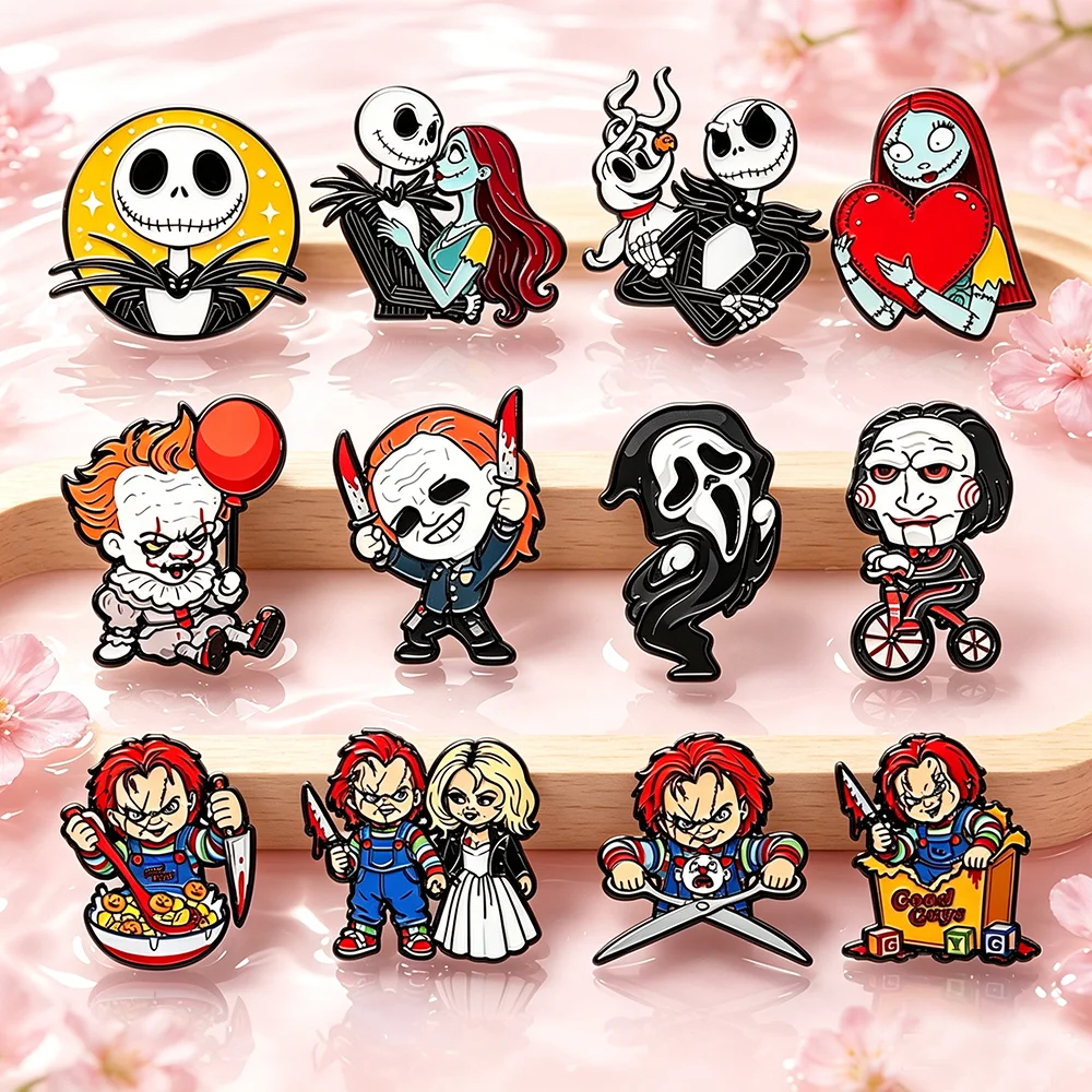 4-12Pcs Horror Movie Skeleton Joker Boys Enamel Pins Cartoon Killer Characters Brooch Fashion Lapel Badge Backpacks Jewelry Gift