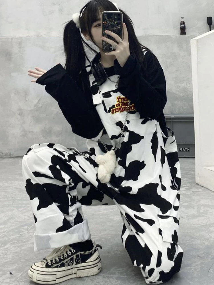 HOUZHOU Hippie Kuh Drucken Overalls Harajuku Kuh Gemusterte Hosen Koreanische Stil Overalls Casual Baggy Breite Bein Hosen Frühling 2022