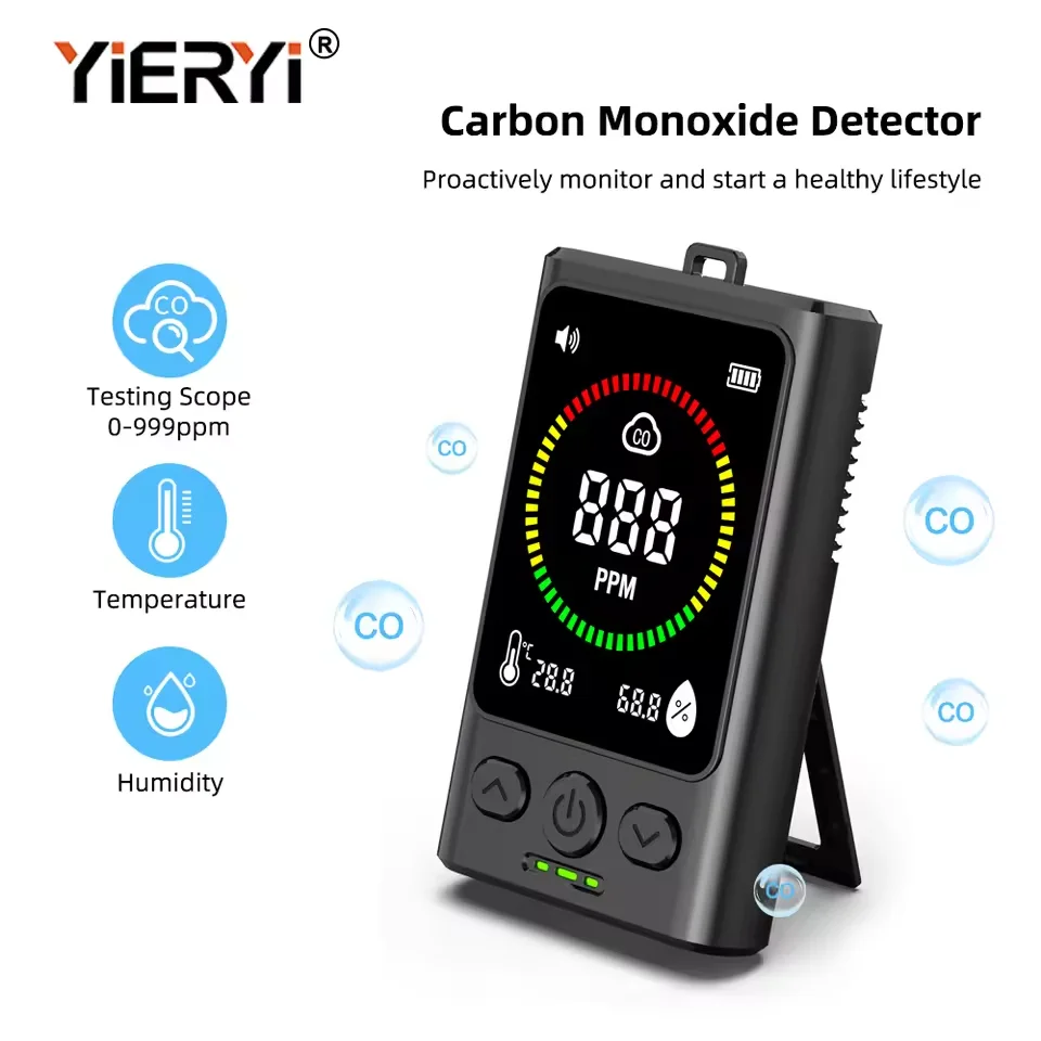 

3-in-1 Carbon Monoxide Detector Rechargeable Temp Humidity Monitor LCD Display CO Alarm Detector for Home Travel Hotel Indoor RV