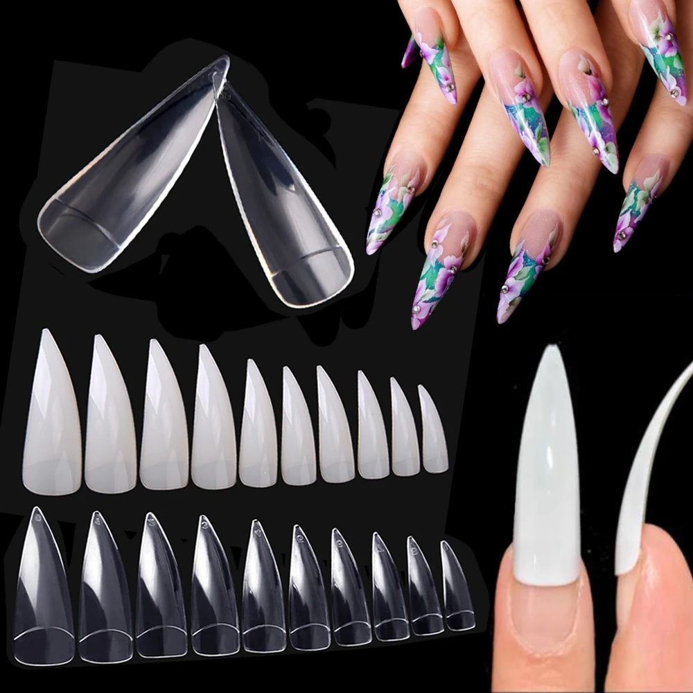 600Pcs/Bag Long Stiletto Claw Nails Half Cover Fake False Nails  Clear/Natural False Nail，Fake Soak Off Gel Nail Extension Tools