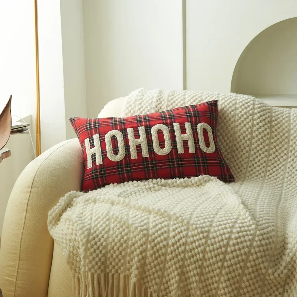 2024 New Christmas Decoration Cushion Cover Plaid Print Letter Embroidery Pillow Case Christmas Decorative Pillows for Sofa