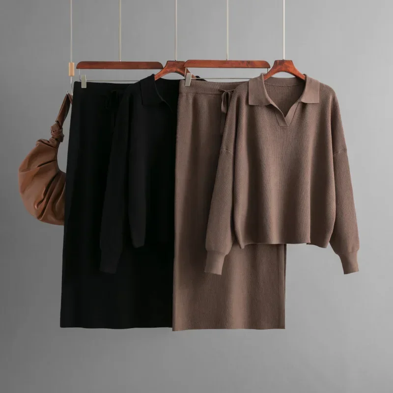 New Autumn Fashion Skirts Set 2024 A-line Skirt Sweater Loose Two-piece Sets Knitted POLO Collar Winter Loose Women Lazy Sweater