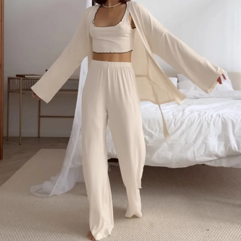 Apricot milk silk vest long-sleeved trousers pajamas loose three-piece set 2026 new home clothes for women