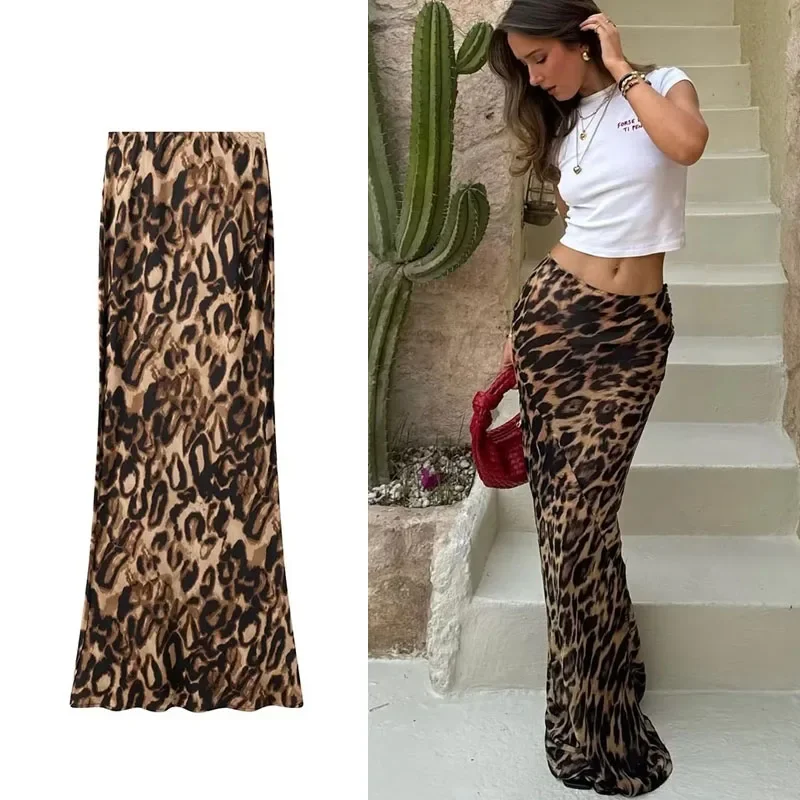 ASDS 2024 leopard print midi skirt high waist long skirts for women vintage streetwear satin skirt summer elegant women\'s skirts