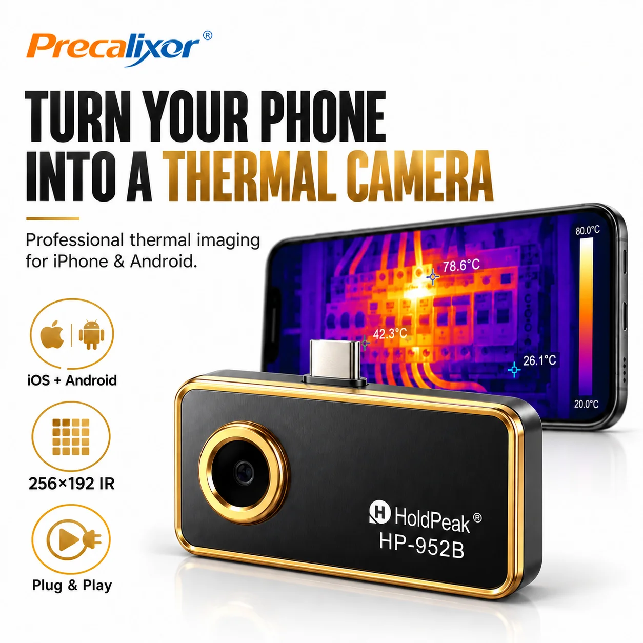 256x192 Thermal Camera for iPhone Android 25Hz Infrared Thermal Imager -20°C~550°C Temperature Measurement IP54 Portable IR