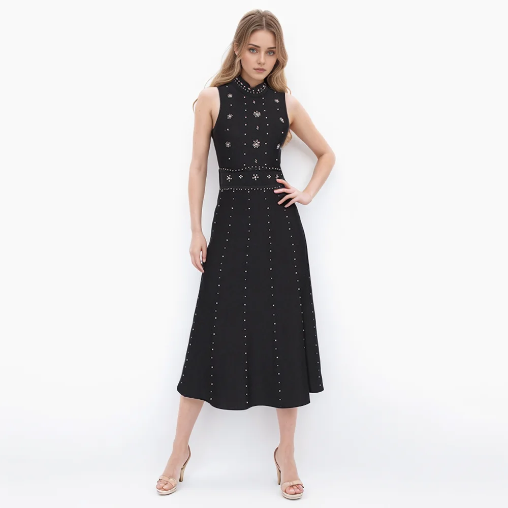 Solid Patchwork Embroidered Flares Elegant Dress For Women Round Neck Backless Sleeveless High Waist Long Dresses Female New