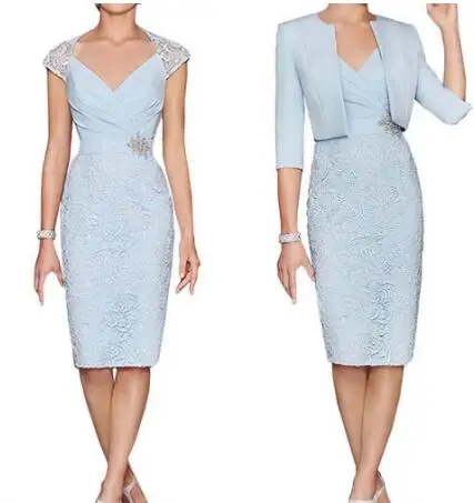 

Sky Blue Sheath Lace Appliques Mother Of The Bride Dresses 1/2 Sleeves With Jacket V-Neck Knee-Length Wedding Party Formal Gowns