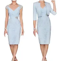 Sky Blue Sheath Lace Appliques Mother Of The Bride Dresses 1/2 Sleeves With Jacket V-Neck Knee-Length Wedding Party Formal Gowns