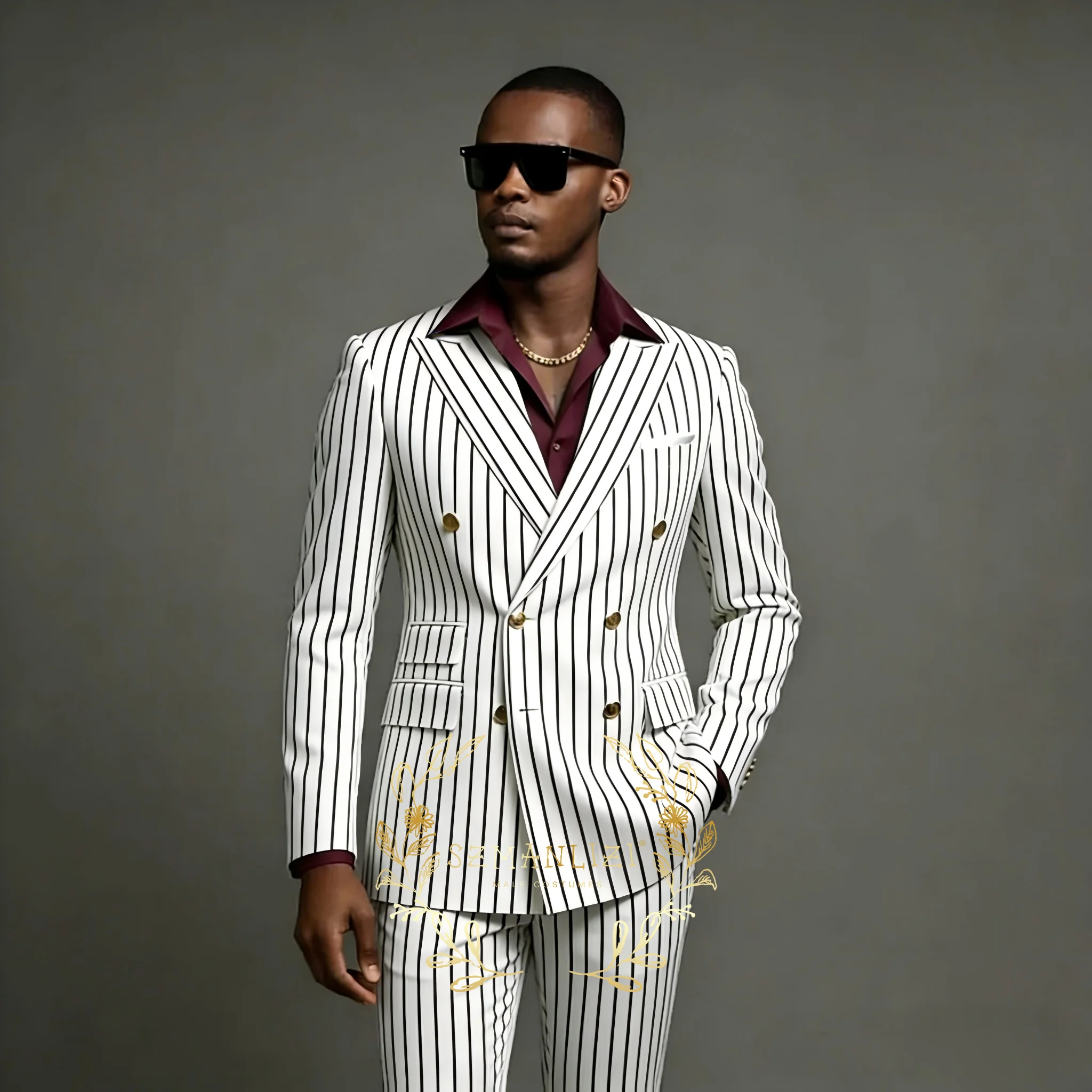 

2026 Fashion White Striped Male Suit Formal Casual Wedding Tuxedo 2 Pieces Business Peak Lapel Double Breasted Blazer with Pants