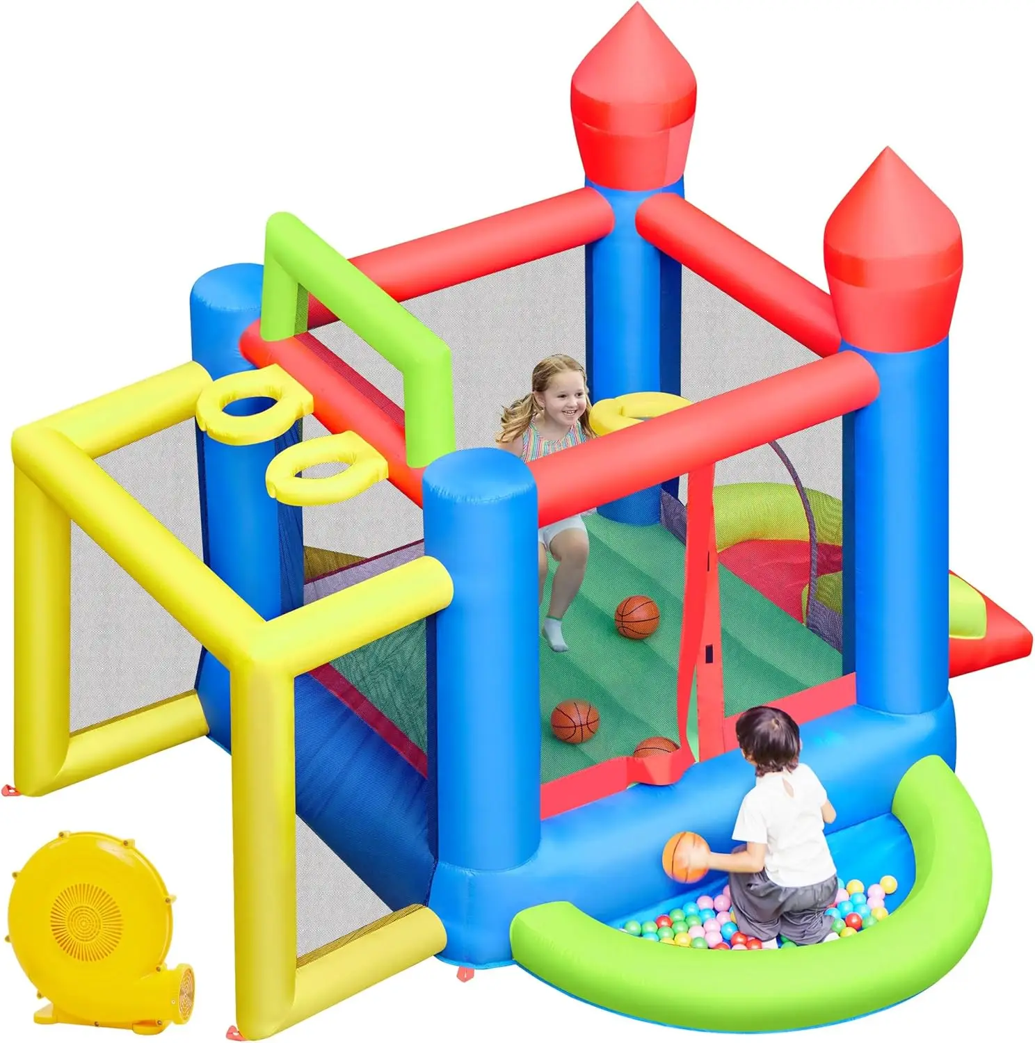 Inflatable Bounce House, 7-in-1 Castle Combo w/Ball Pit  3 Basketball Hoops  Soccer Goal  Dartboard  Slide