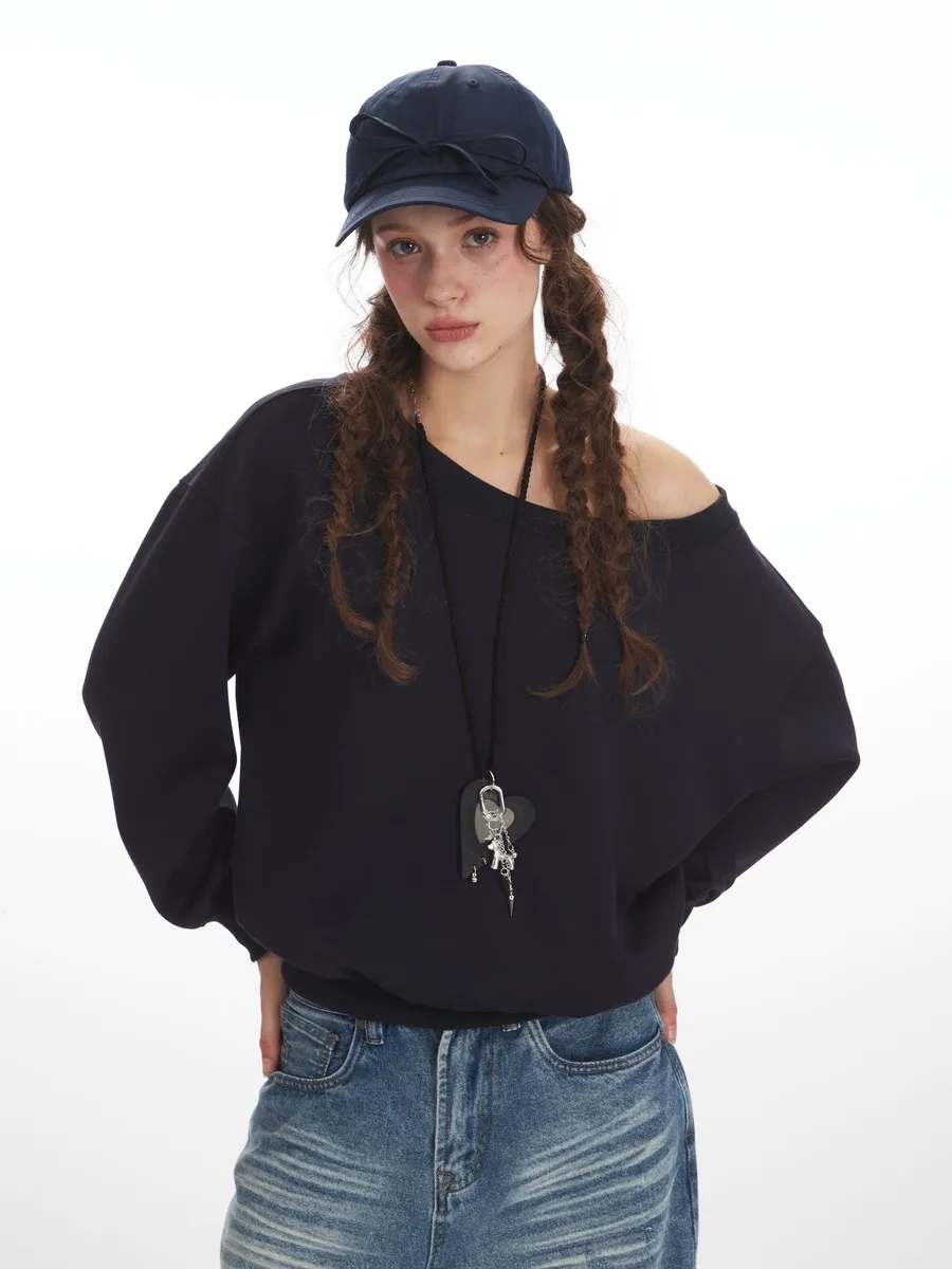 Bare-Shoulder Decollete Loose Long Sleeve Winter Fall Basic Bodywear Elegant Tops Tshirts for Women Girls Sloth Office Ladies
