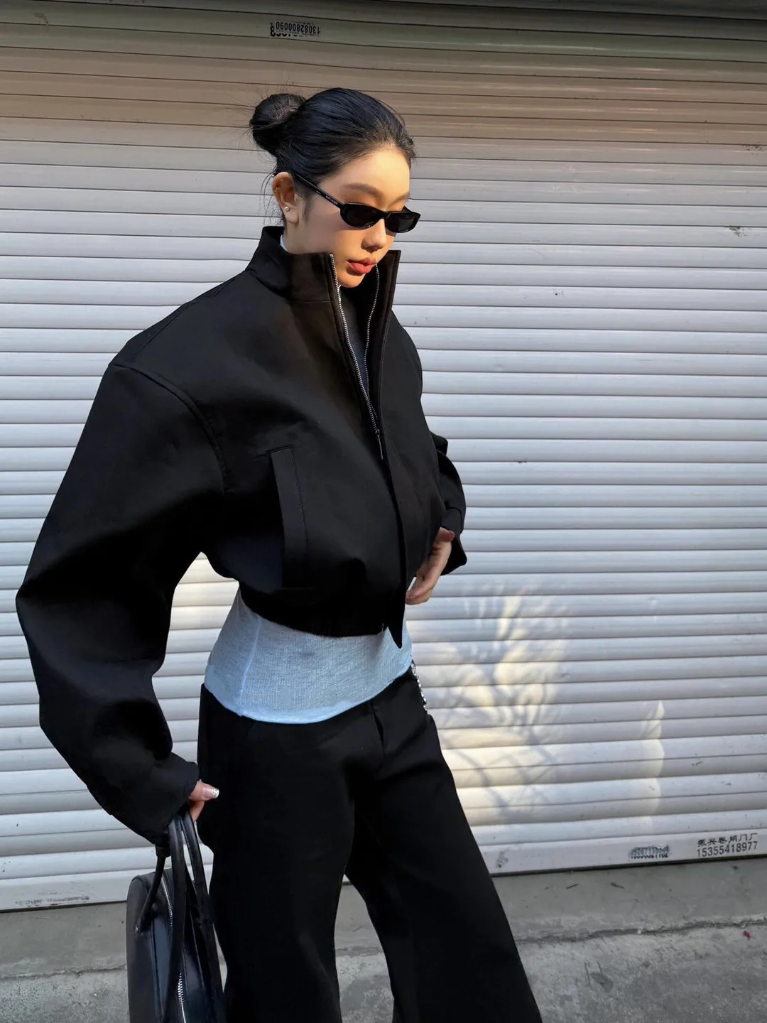

Women Retro Baseball Jacket European Style Stand Collar Zipper Coat Autumn Loose Fit Casual Elastic Hem Jacket