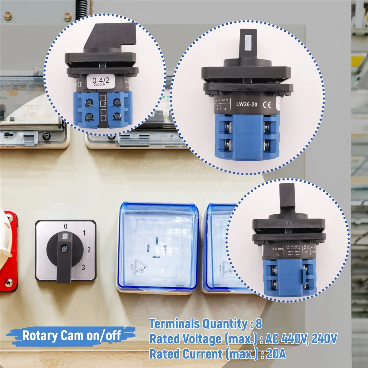 8 Terminals 5 Positions Master Control Rotary Cam Switch 20A Black+Blue