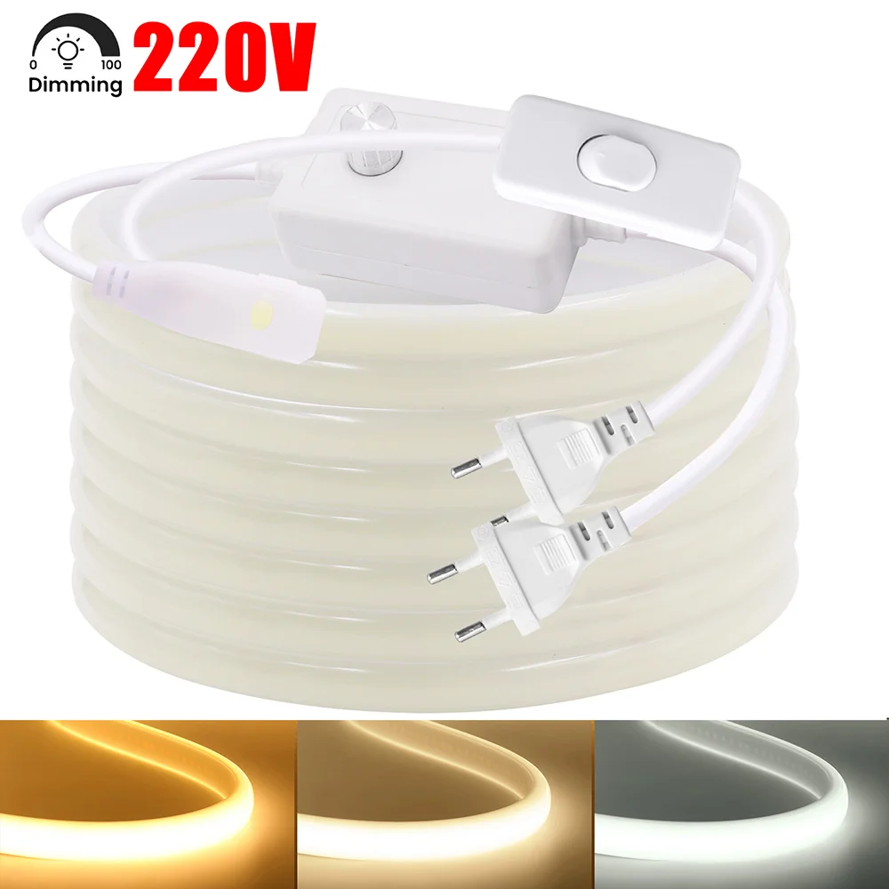

220V Dimmer Switch COB LED Strip Light Power Plug Kit Dimmable 288LED/M 3000K 4000K 6000K RA90 Flex Waterproof Linear Lighting