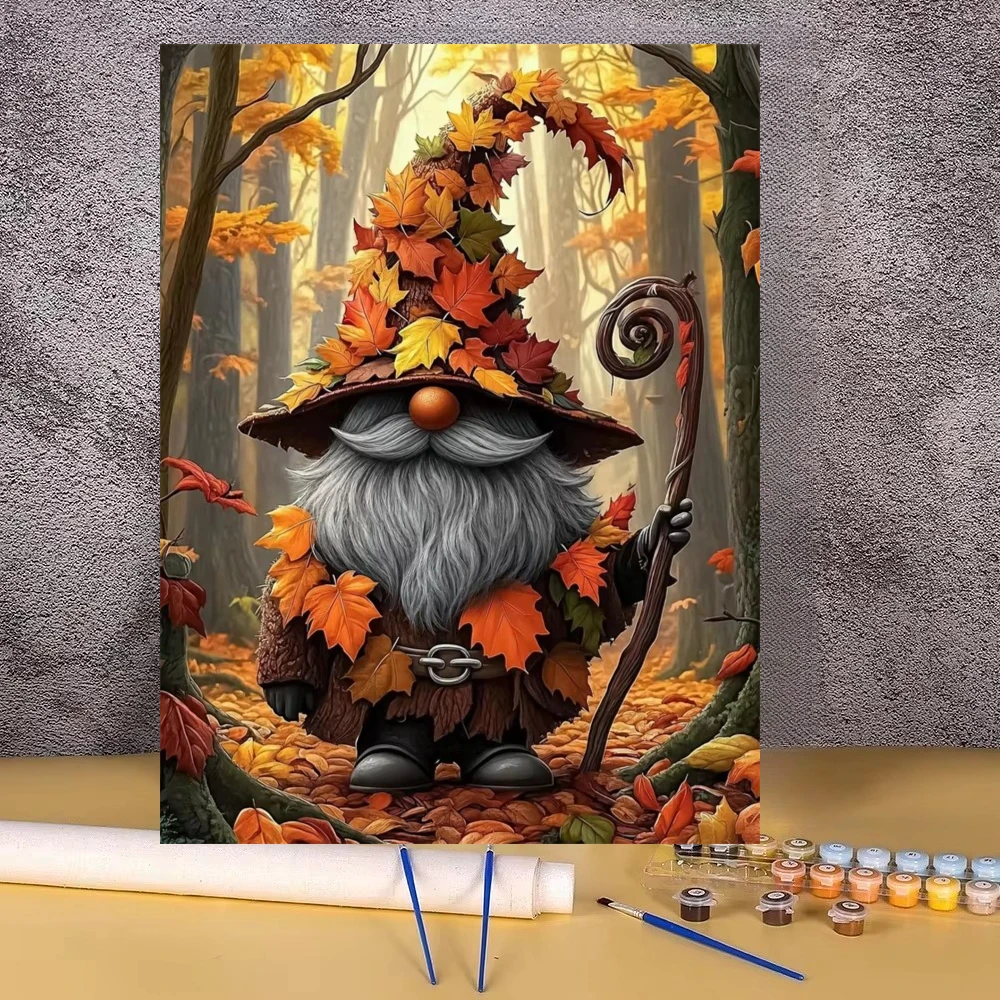 Oil Painting Autumn Forest Gnome with Leaf Hat By Numbers for Living Room Bedroom Home Decor Perfect Gift Frameless
