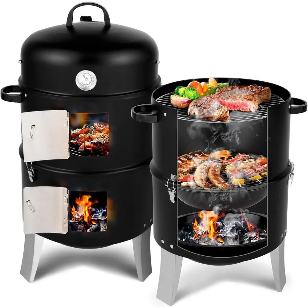 

3-in-1 Outdoor Charcoal Grill with Thermometer, Air Vent, and Accessories - Ideal for Camping, Picnics, and BBQ Parties