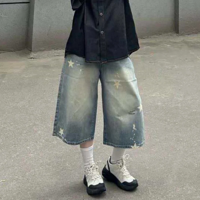 ريترو خمر فضفاض واسعة الساق الجينز أزياء المرأة ستار طباعة Y2K Harajuku الدنيم السراويل عارضة الشارع الشهير عالية الخصر غسلها السراويل