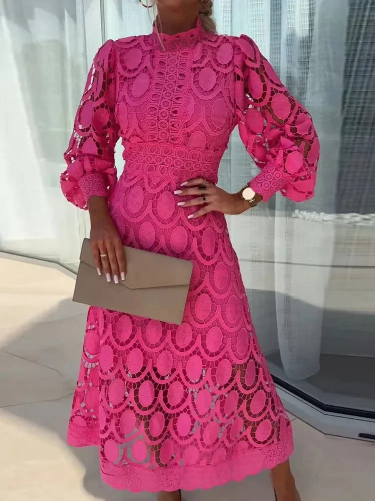 

Spring New French Lace Dress Fashion Stand Up Collar Bubble Sleeves Waist Cinching Slimming Dress Elegant Long Dresses Vestidos