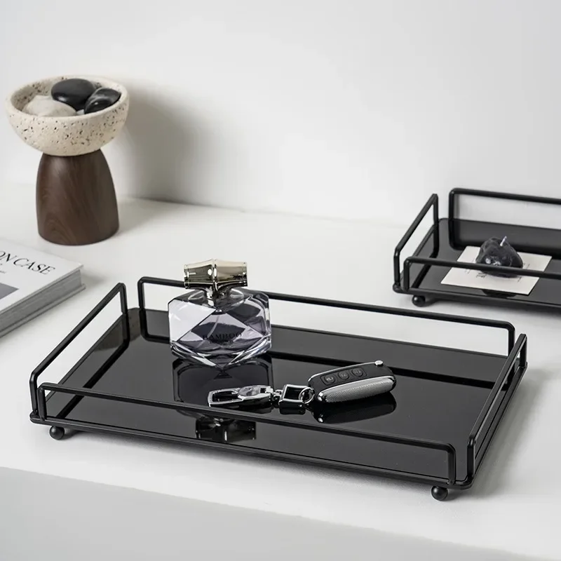 Nordic Glossy Acrylic Wrought Iron Tray Showroom Living Room Desktop Storage Tray Organizer Tea Set Tray Decorative Ornaments
