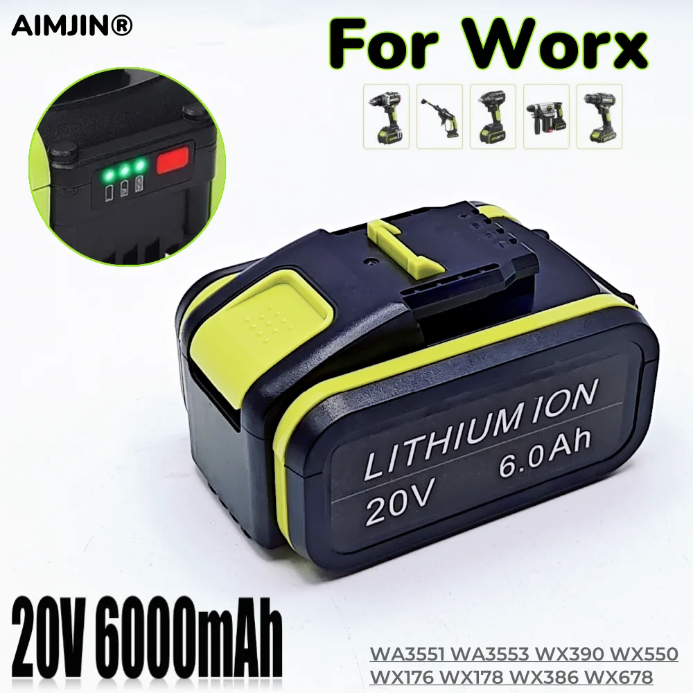 20V バッテリー 6000mah リチウムイオン Worx WX390/WX176/WX166.4/WX372.1 WX800/WX678/WX550/WX532/WG894E WG629E/WG329E 用