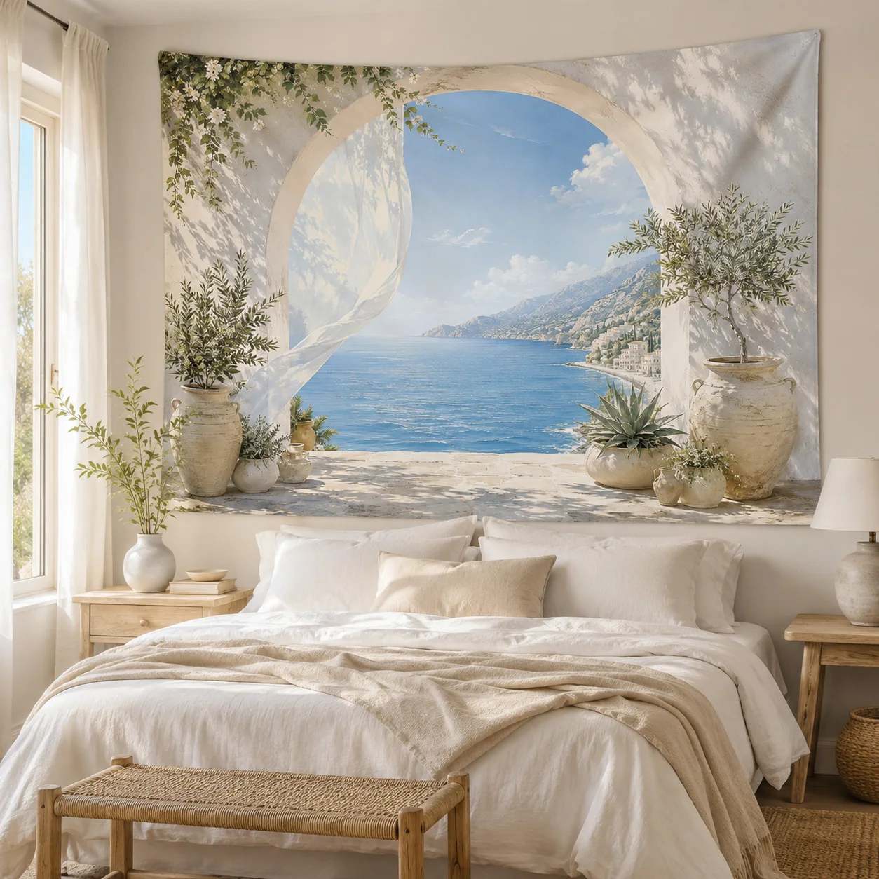 Mediterranean Sea Arch Window Tapestry Coastal Landscape Wall Hanging Aesthetic Bedroom Home Decor